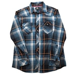 ROCK & REPUBLIC Plaid Shirt Mens Large Blue Orange Black Stretch Long Sleeve